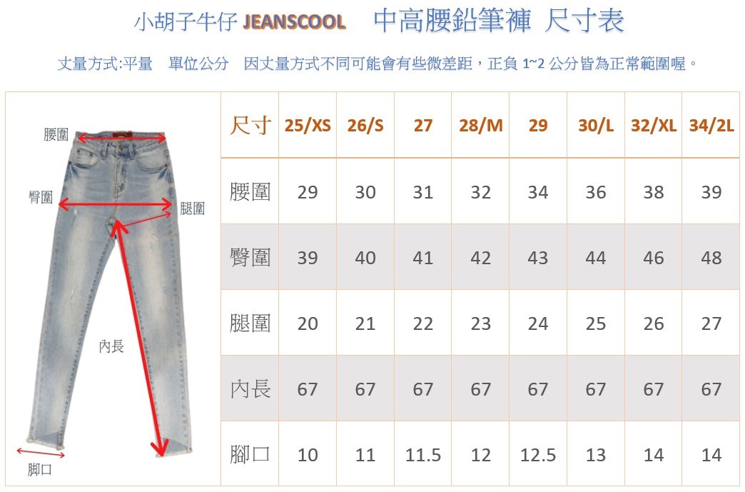 小胡子牛仔【2636】中高腰鉛筆褲，神洗淺藍，褲腳為散口設計，流行時尚，瘦身翹臀，修身塑型必買款喔！