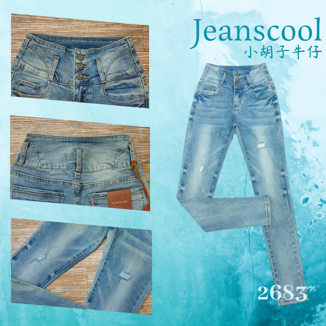 小胡子牛仔【2683】排扣高腰長褲，韓版彩藍色系，3D激瘦立體剪裁，修腰豐臀版，經典推薦款。