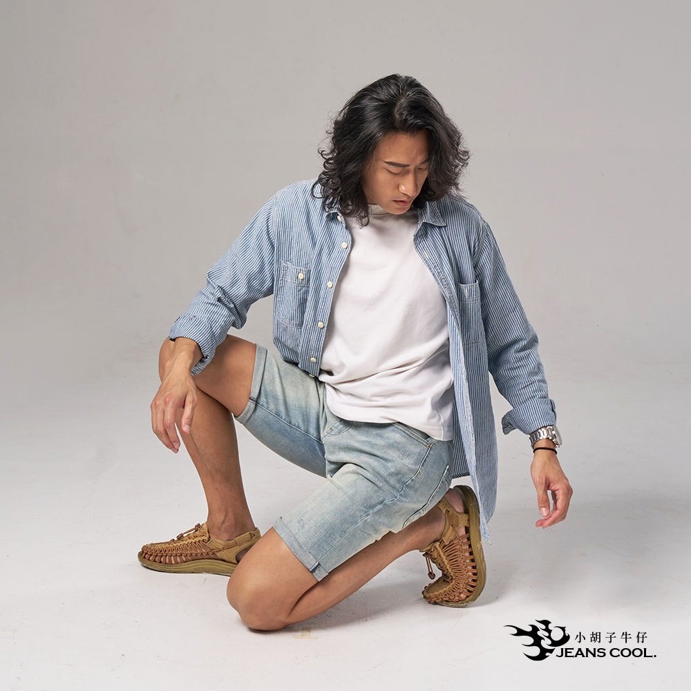 小胡子牛仔【型男962】牛仔短褲/馬褲，特殊色系神洗白，棉質彈力(劈腿方便)，時尚個性褲腳可反摺穿出時尚感，帥氣推薦款。