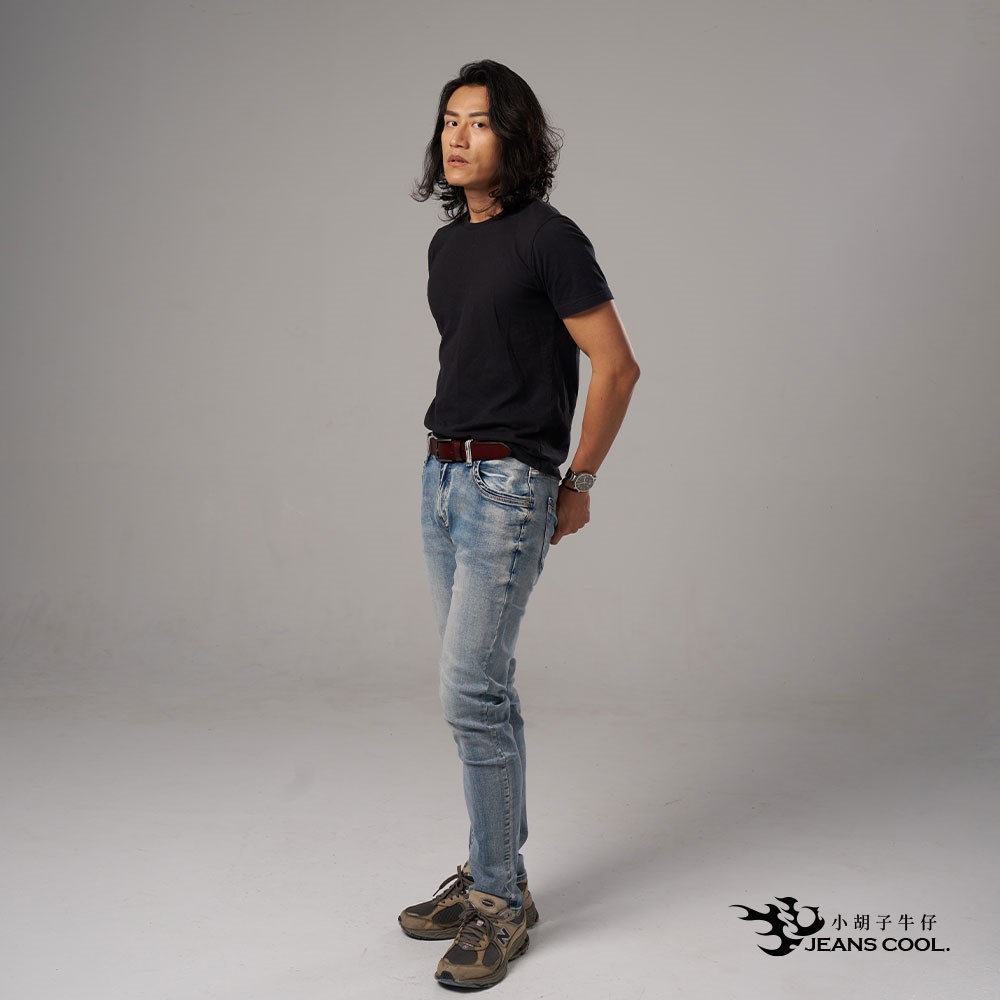 小胡子牛仔【型男966】牛仔長褲，淺色質感刷白，棉質彈力(劈腿方便)，時尚個性，修身煙管，帥氣推薦款。