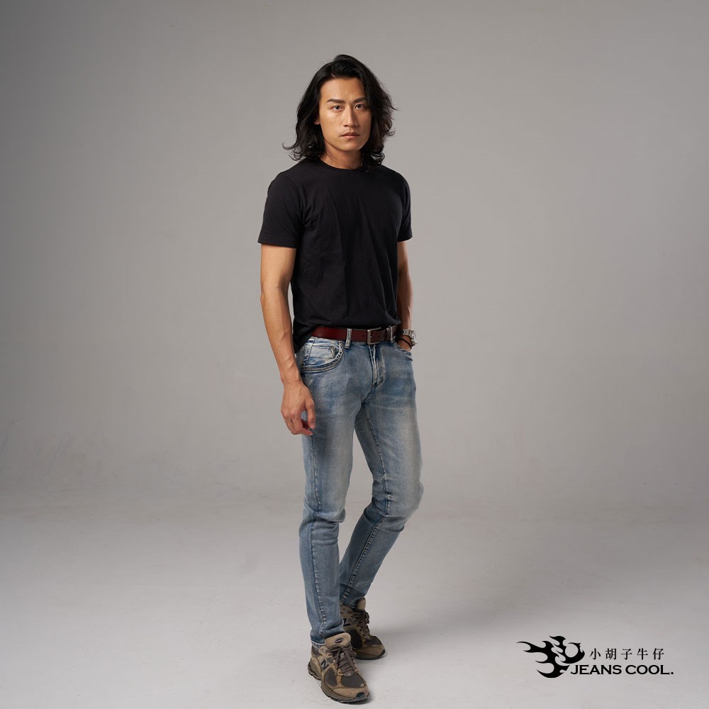 小胡子牛仔【型男966】牛仔長褲，淺色質感刷白，棉質彈力(劈腿方便)，時尚個性，修身煙管，帥氣推薦款。