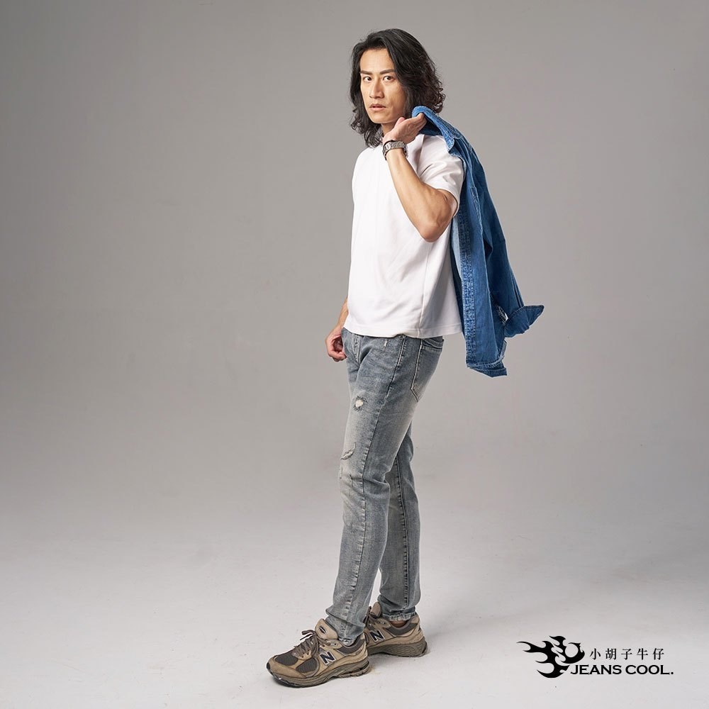 小胡子牛仔【型男19782】牛仔長褲，鹽系-藍灰色，棉質彈力(劈腿方便)，時尚個性，修身煙管，帥氣推薦款。