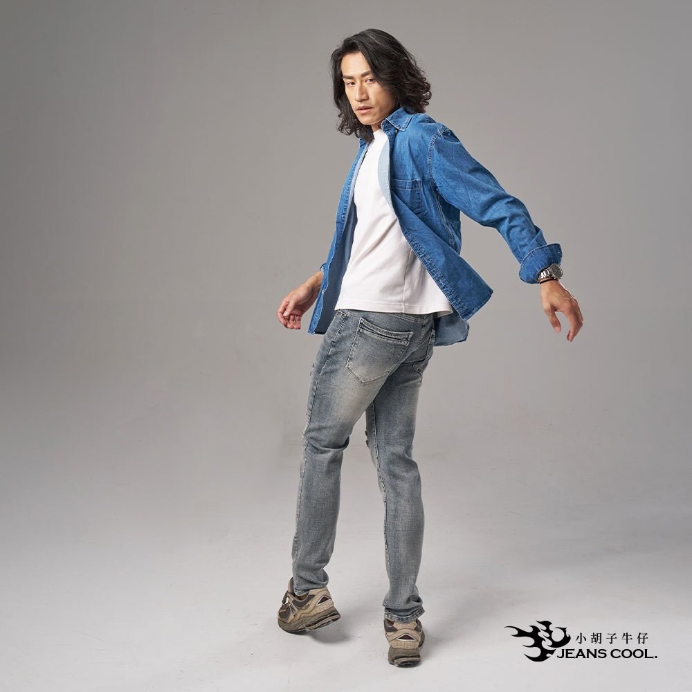 小胡子牛仔【型男19782】牛仔長褲，鹽系-藍灰色，棉質彈力(劈腿方便)，時尚個性，修身煙管，帥氣推薦款。