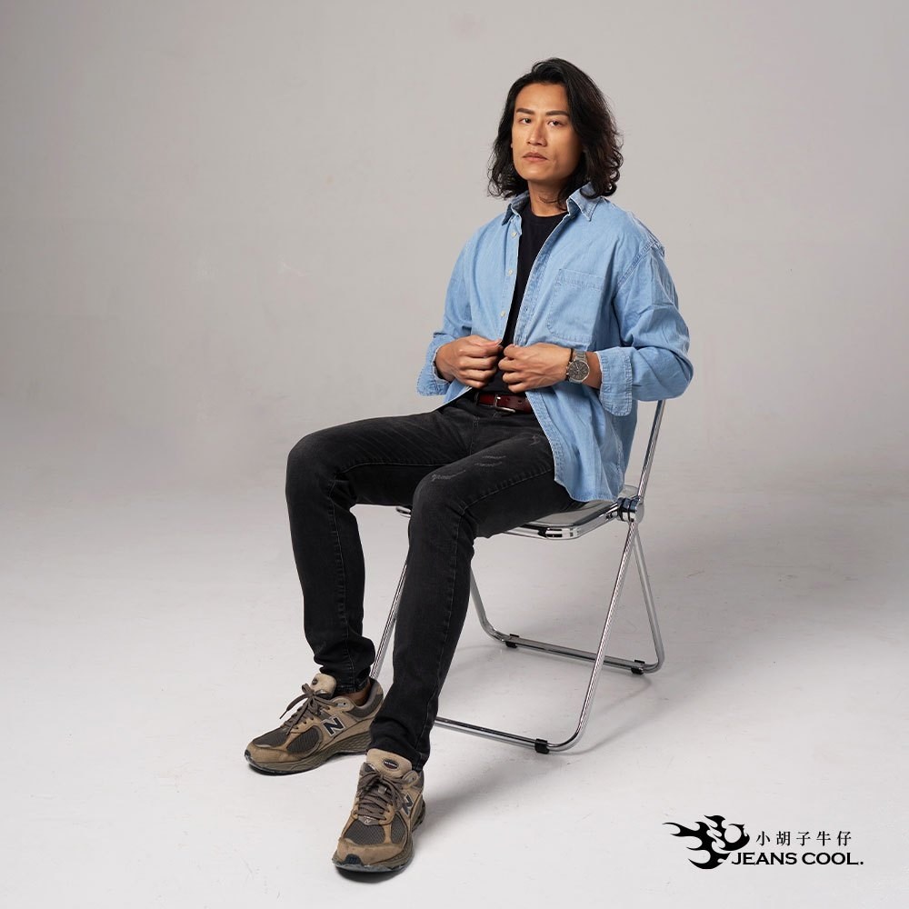 小胡子牛仔【型男986】牛仔長褲，工藝黑灰，棉質彈力(劈腿方便)，時尚個性，修身煙管，帥氣推薦款。