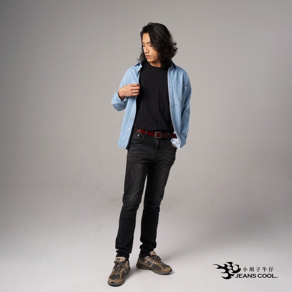 小胡子牛仔【型男986】牛仔長褲，工藝黑灰，棉質彈力(劈腿方便)，時尚個性，修身煙管，帥氣推薦款。