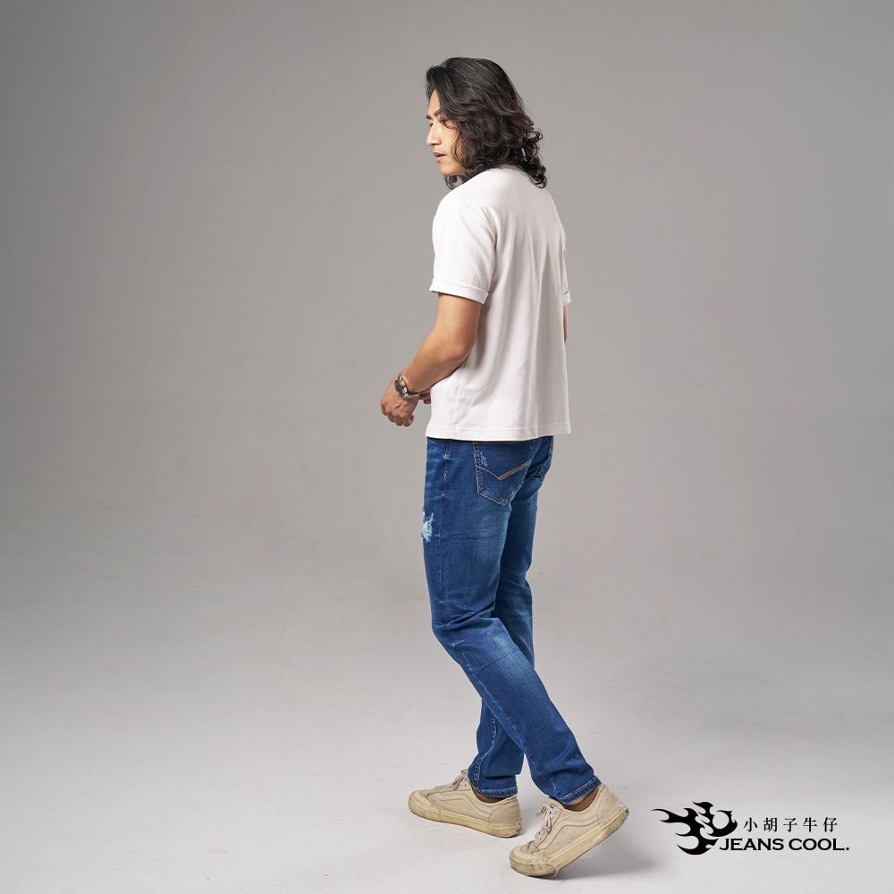 小胡子牛仔【型男985】牛仔長褲，牛仔藍，棉質彈力(劈腿方便)，時尚個性，修身煙管，帥氣推薦款。
