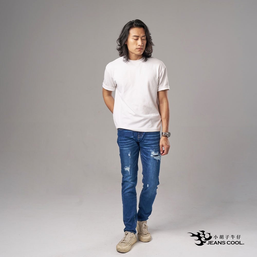 小胡子牛仔【型男985】牛仔長褲，牛仔藍，棉質彈力(劈腿方便)，時尚個性，修身煙管，帥氣推薦款。