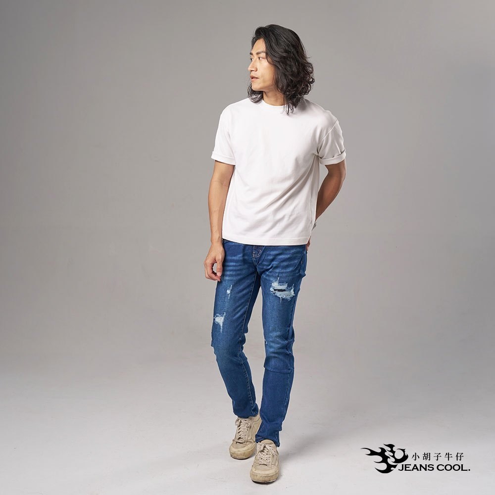 小胡子牛仔【型男985】牛仔長褲，牛仔藍，棉質彈力(劈腿方便)，時尚個性，修身煙管，帥氣推薦款。