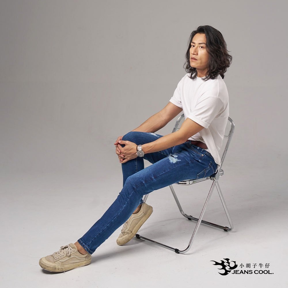 小胡子牛仔【型男985】牛仔長褲，牛仔藍，棉質彈力(劈腿方便)，時尚個性，修身煙管，帥氣推薦款。