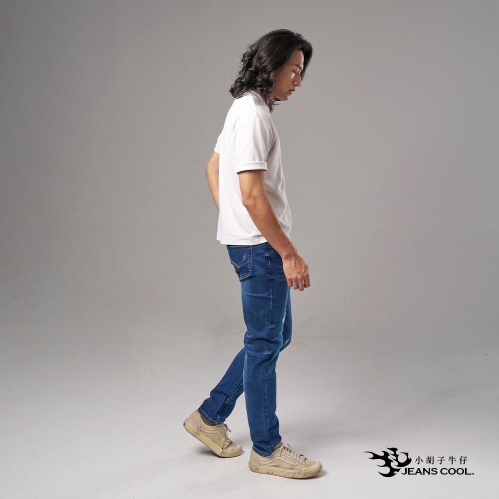 小胡子牛仔【型男985】牛仔長褲，牛仔藍，棉質彈力(劈腿方便)，時尚個性，修身煙管，帥氣推薦款。