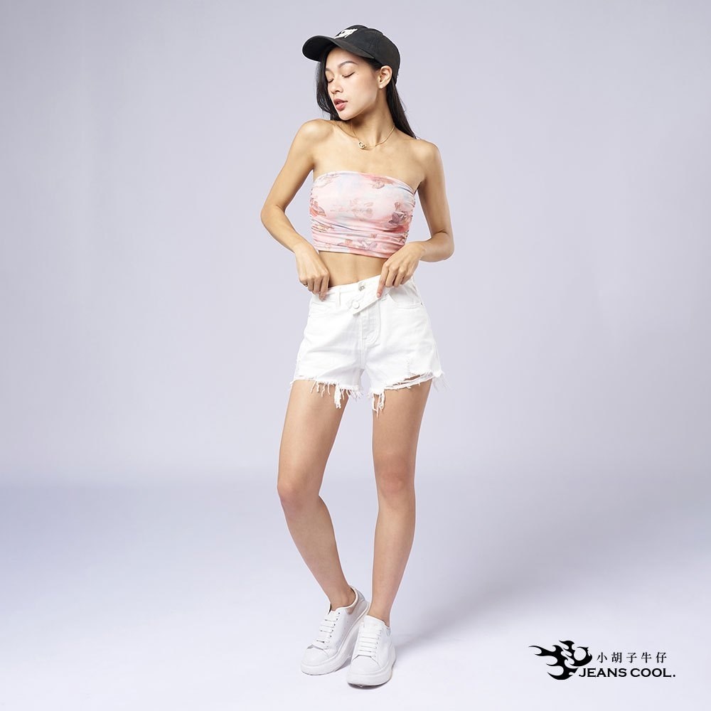 韓版高腰斜扣造型牛仔短褲