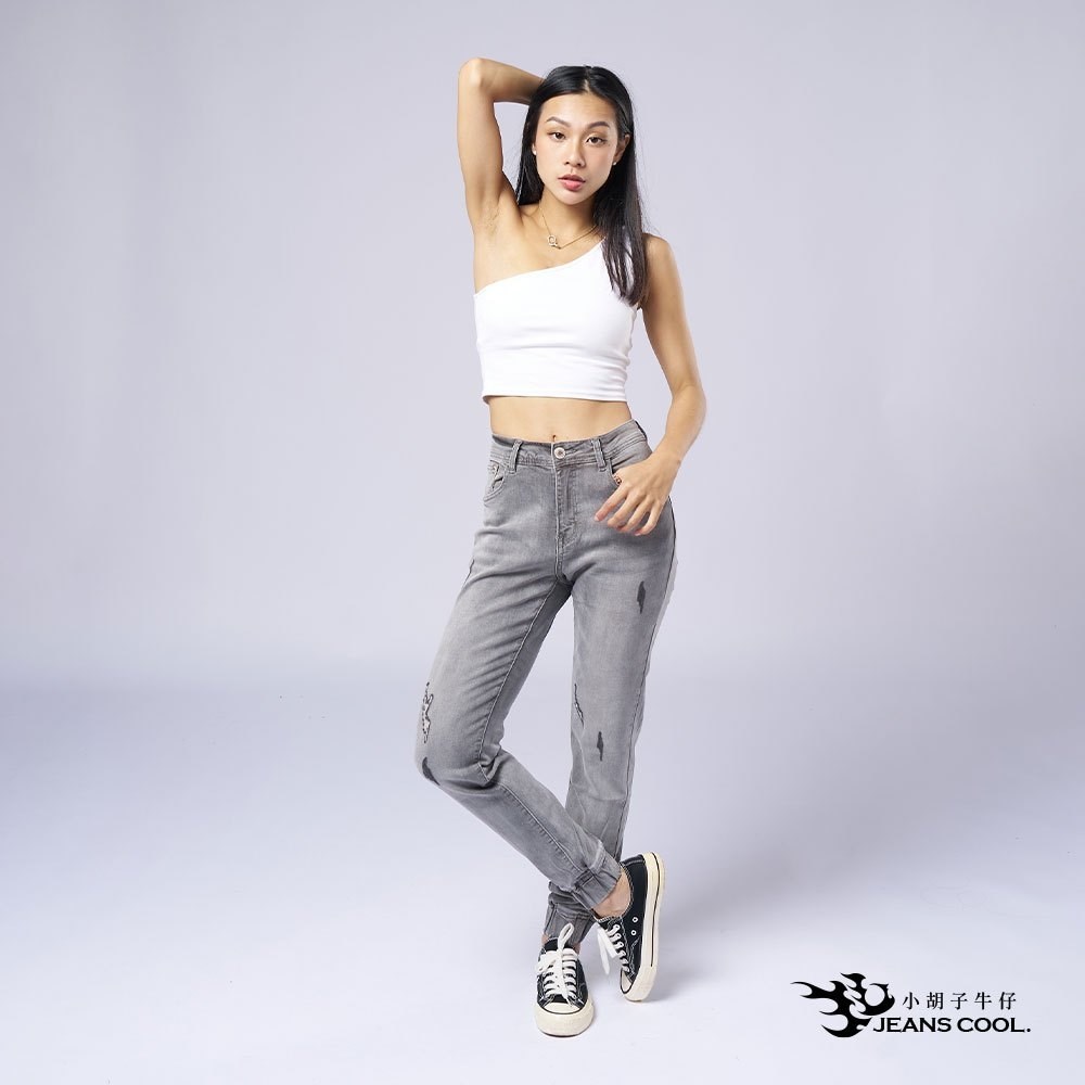 超彈力素丹寧束口褲 淺灰刷色 男女適穿【995】