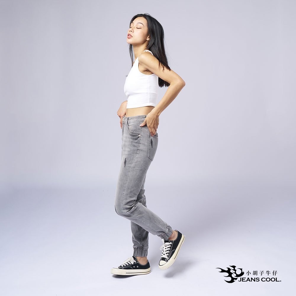 超彈力素丹寧束口褲 淺灰刷色 男女適穿【995】