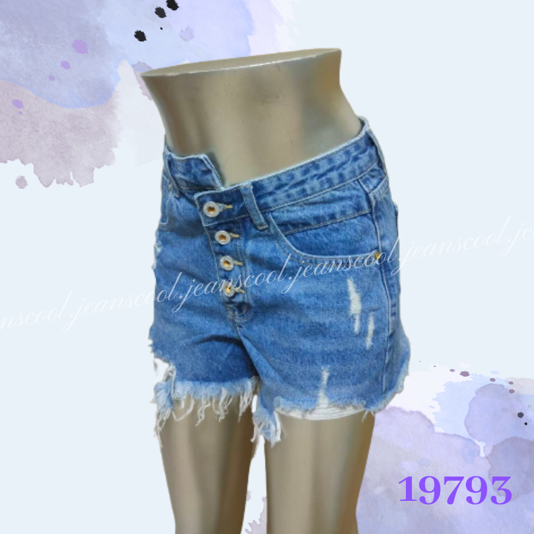 小胡子牛仔【19793】高腰短褲，彩藍色系，包覆小腹瘦腰，修腰豐臀，空間瘦腿，腰間交錯造型設計款。