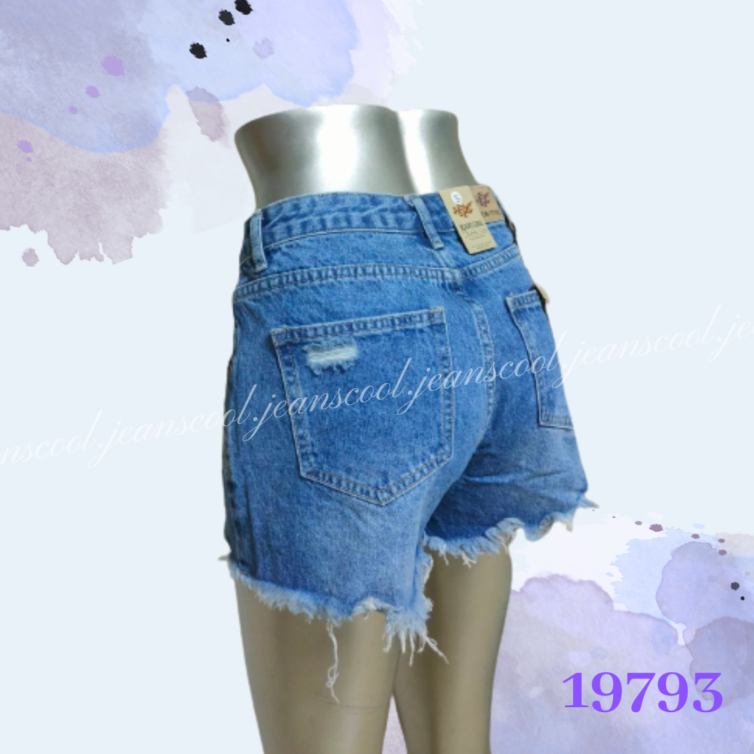 小胡子牛仔【19793】高腰短褲，彩藍色系，包覆小腹瘦腰，修腰豐臀，空間瘦腿，腰間交錯造型設計款。