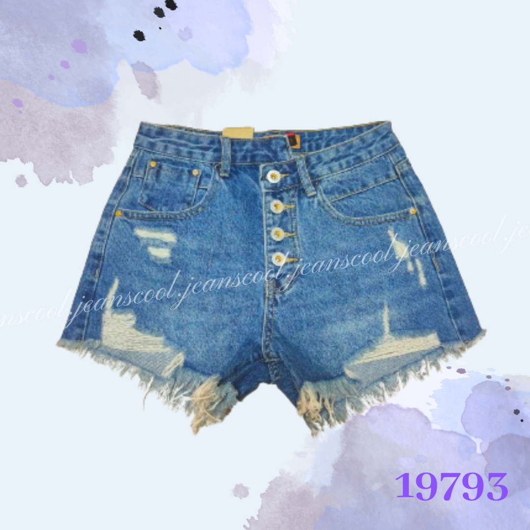 小胡子牛仔【19793】高腰短褲，彩藍色系，包覆小腹瘦腰，修腰豐臀，空間瘦腿，腰間交錯造型設計款。