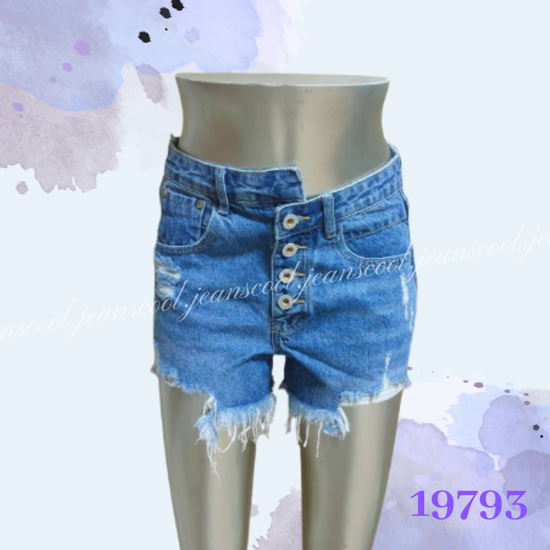 小胡子牛仔【19793】高腰短褲，彩藍色系，包覆小腹瘦腰，修腰豐臀，空間瘦腿，腰間交錯造型設計款。