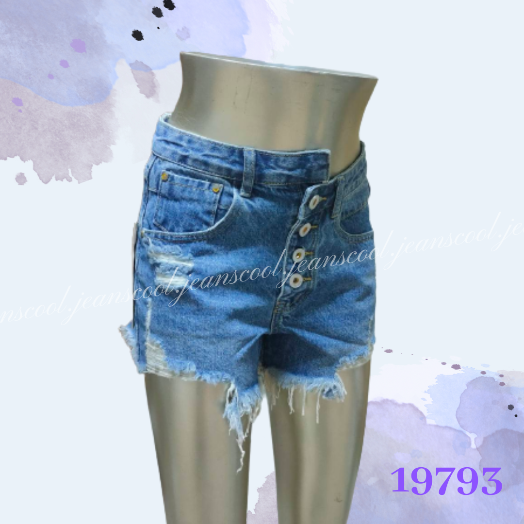 小胡子牛仔【19793】高腰短褲，彩藍色系，包覆小腹瘦腰，修腰豐臀，空間瘦腿，腰間交錯造型設計款。