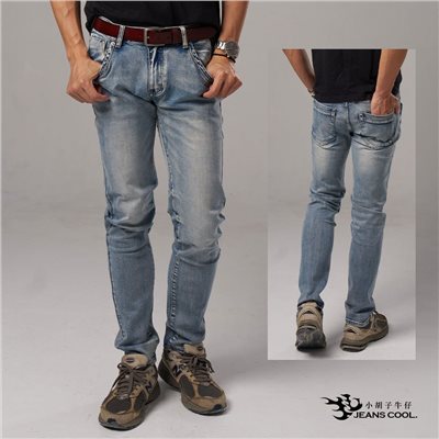 小胡子牛仔【型男966】牛仔長褲，淺色質感刷白，棉質彈力(劈腿方便)，時尚個性，修身煙管，帥氣推薦款。